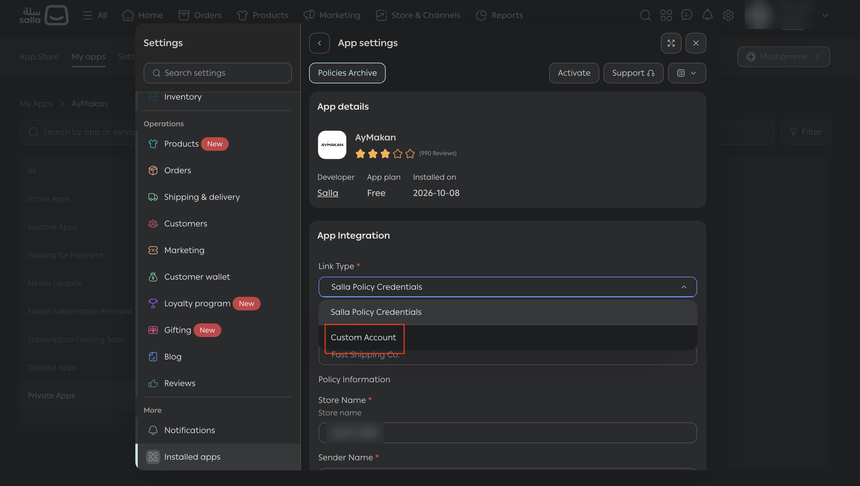 Selecting Custom Account as the link type