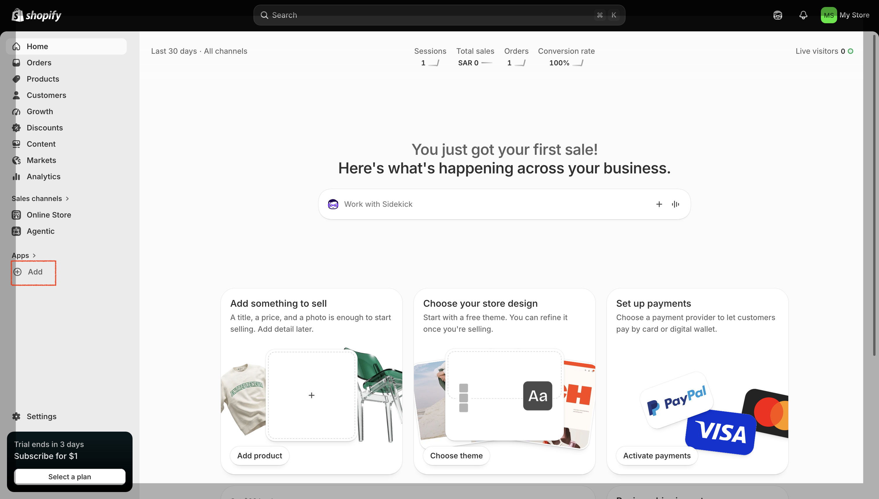 Add under Apps in the Shopify sidebar
