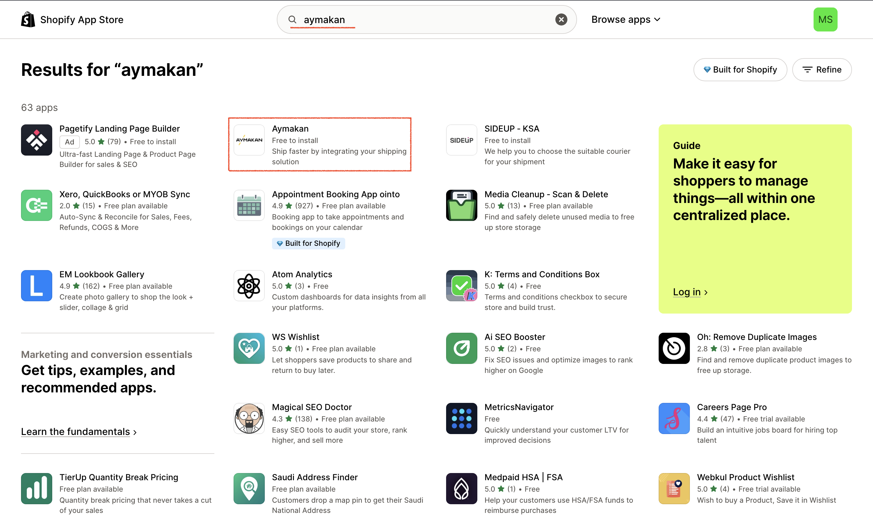Aymakan in the Shopify App Store search results