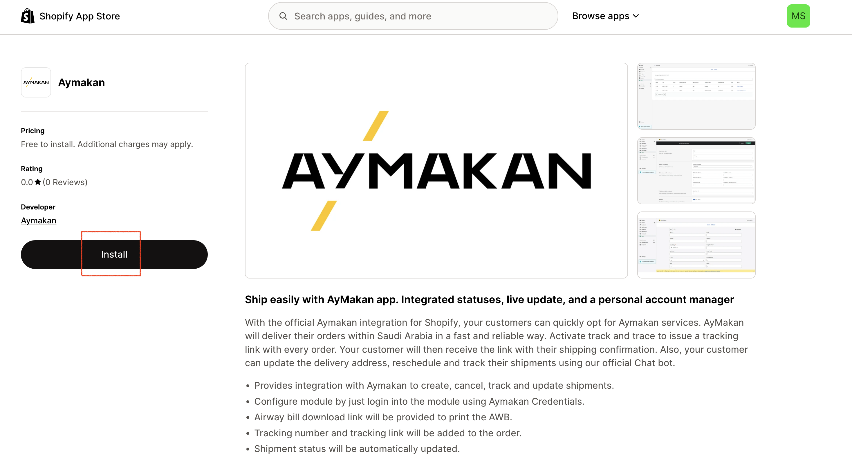 Install button on the Aymakan app page