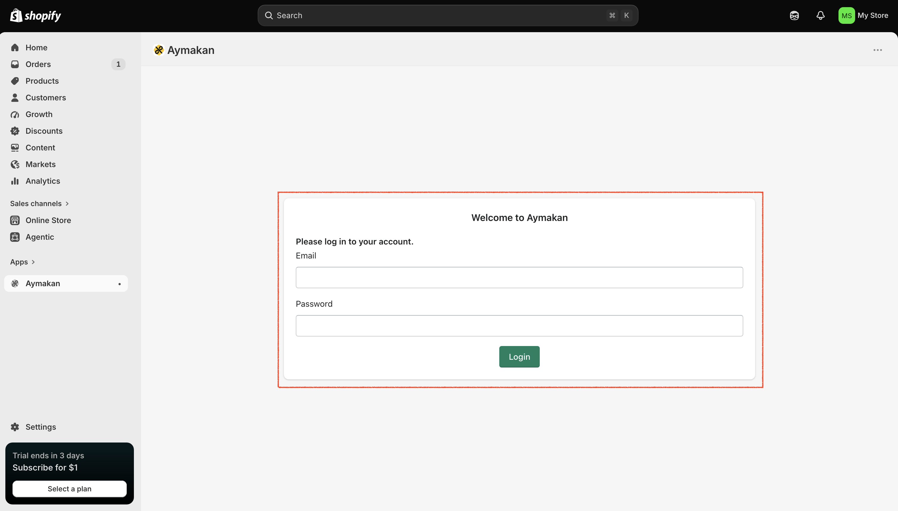 Aymakan login form in Shopify
