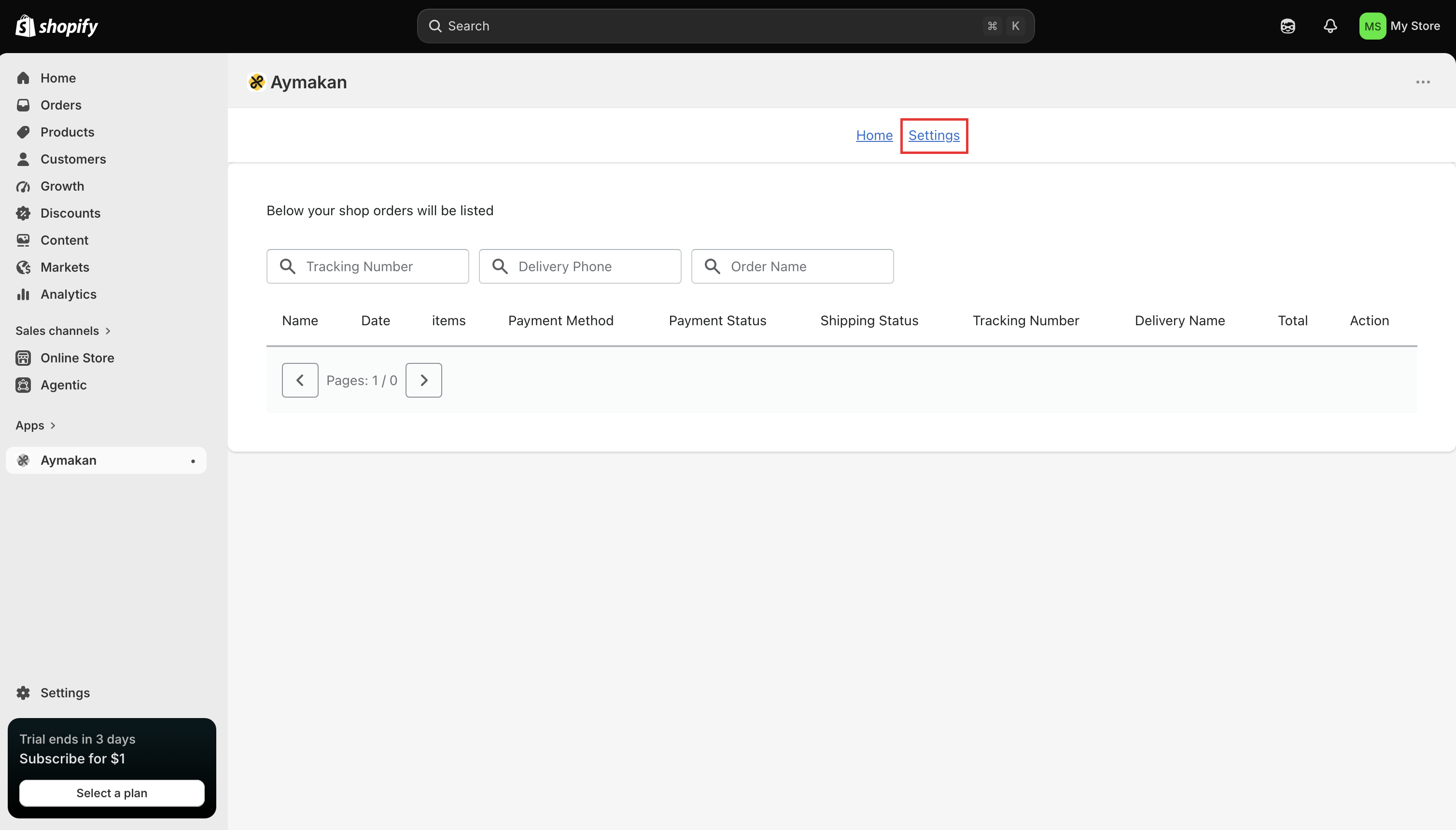 Aymakan app dashboard in Shopify