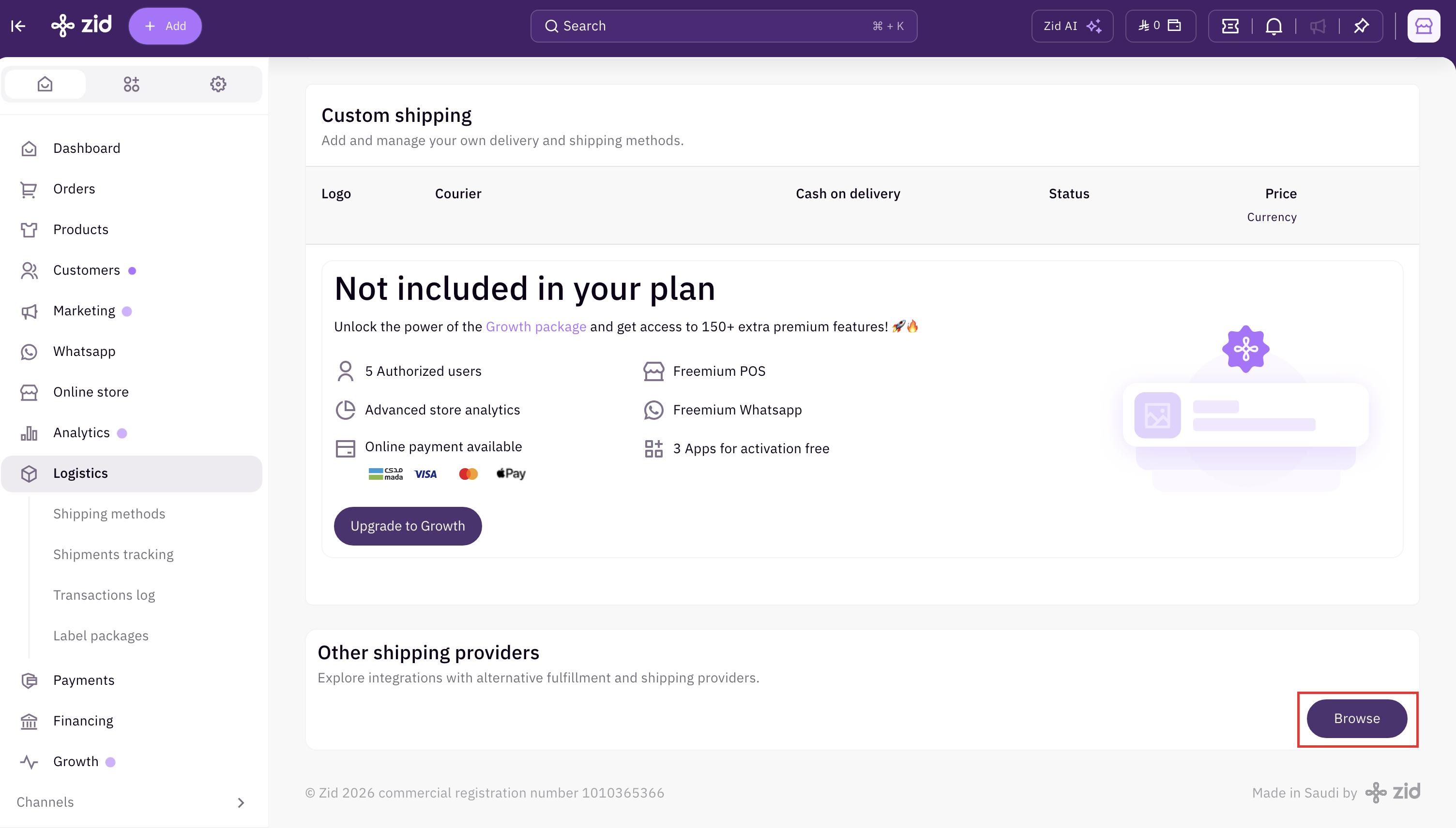 Browse button under Other shipping providers