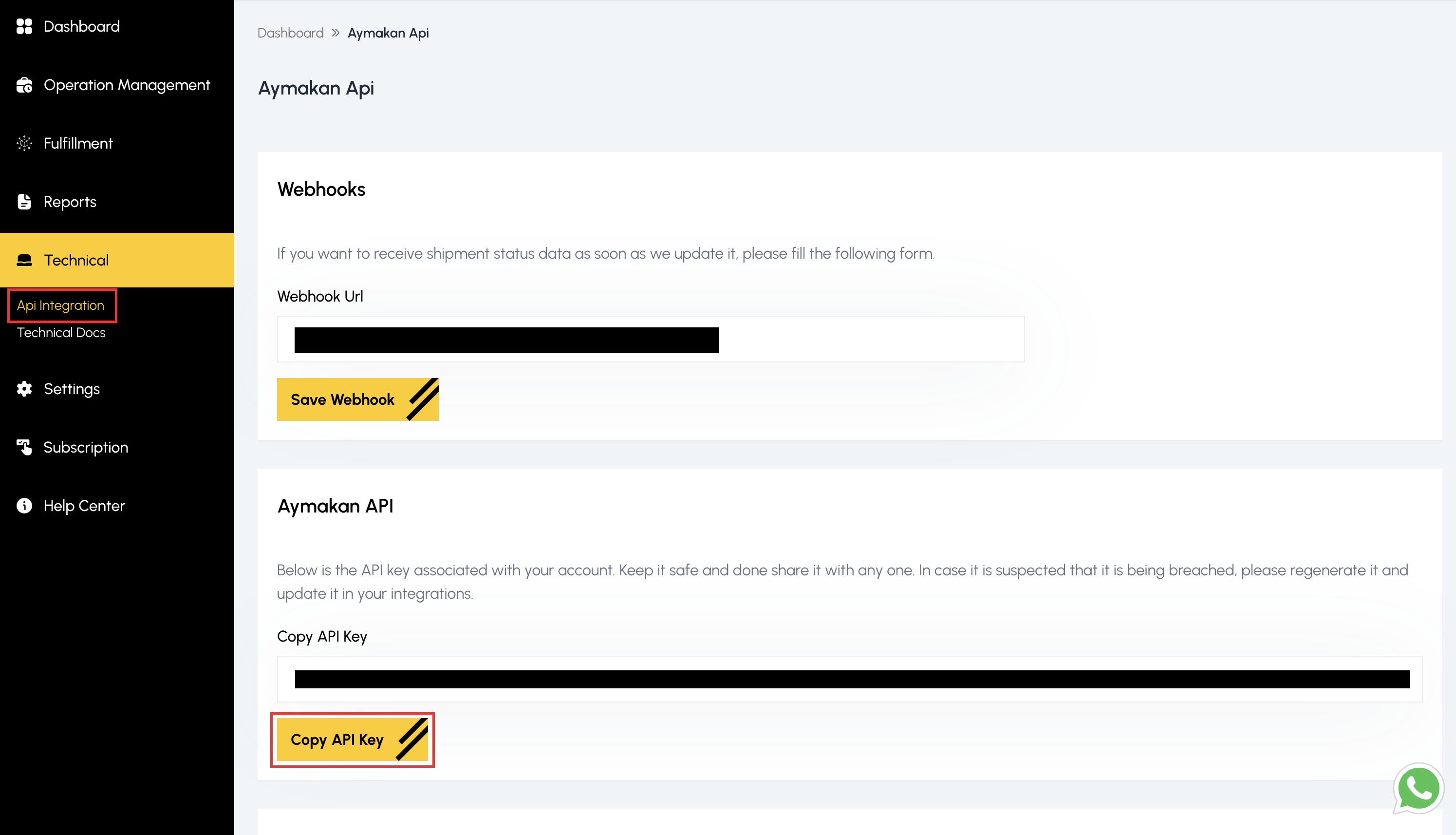 Copy API Key on the Aymakan Api page